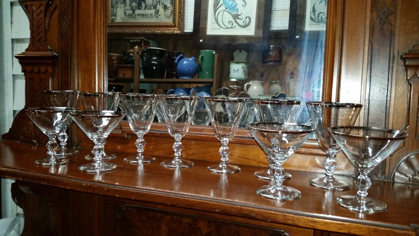 Glastonbury Lotus Brookmere Set of 7 Water Wine Glasses Platinum Trim