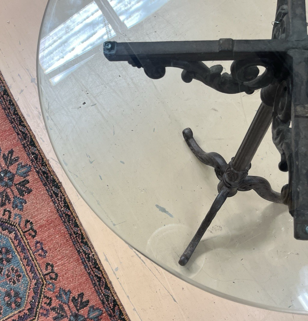 ANTIQUE FRENCH CAST IRON BISTRO/ PUB STYLE PEDESTAL TABLE W/ GLASS TOP