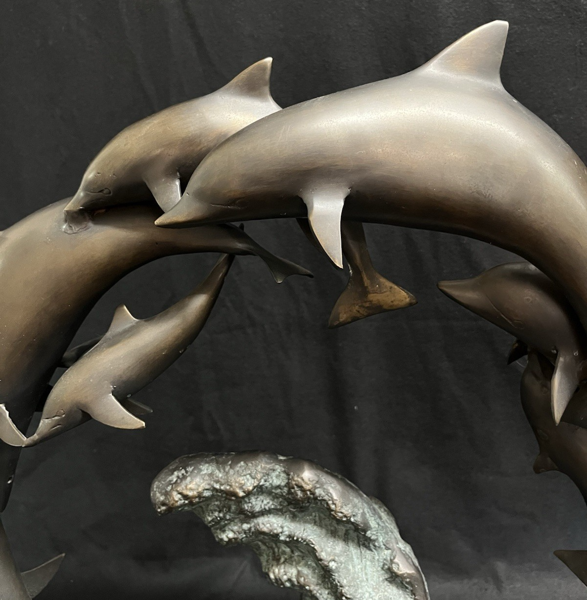 PB6 Bronze School of Dolphins Ocean Scene Statue w/ Wood Base 19"x 23"