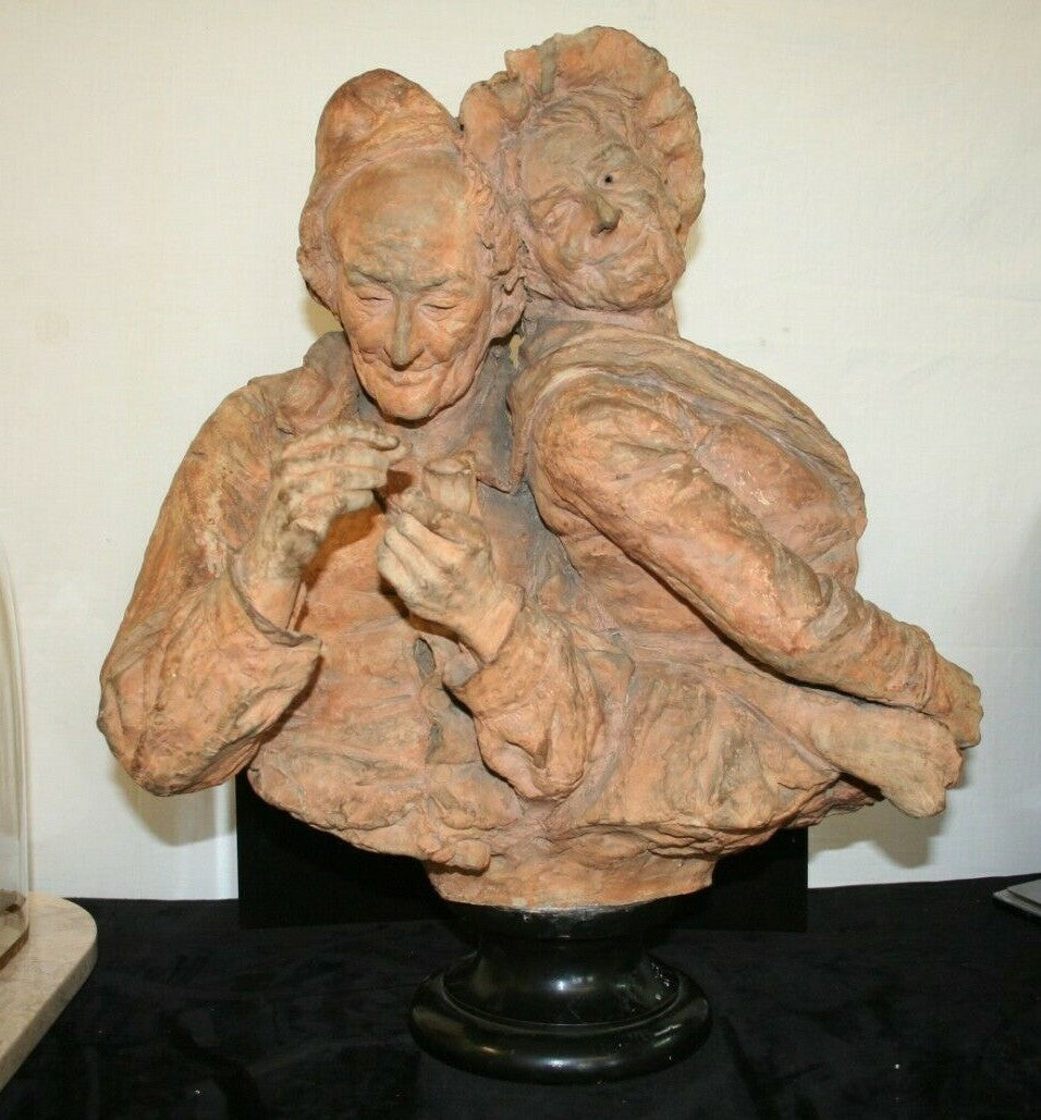 FRENCH TERRACOTTA SCULPTURE OLD HAPPY COUPLE W/ PIPE BUST FIGURES