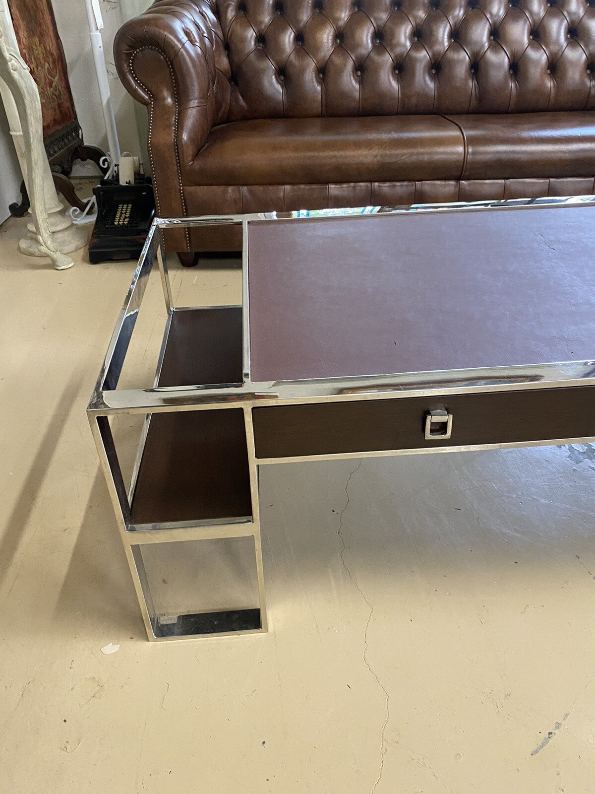 FRENCH MODERN CHROME & LEATHER COFFEE TABLE