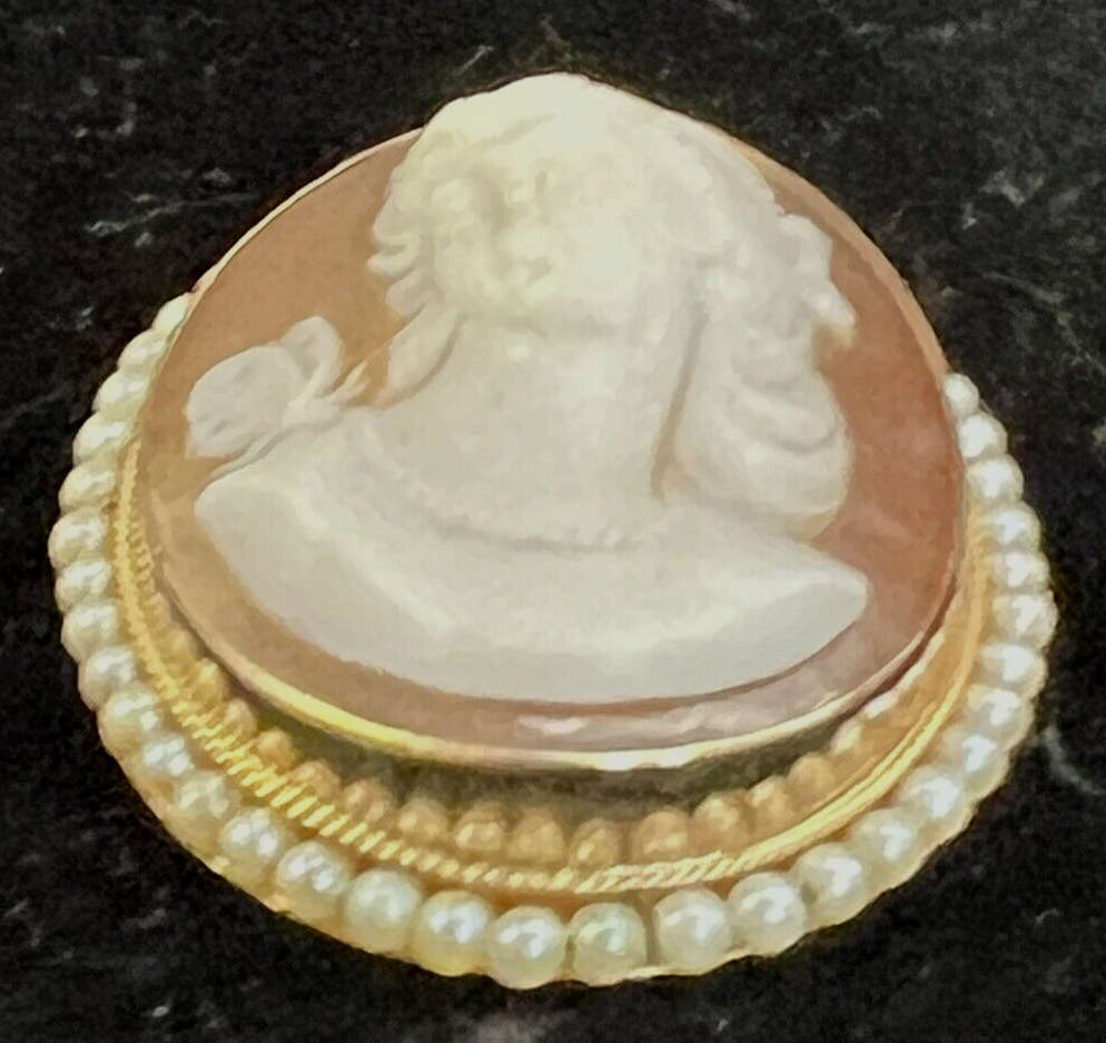 Victorian Shell Cameo Pendant Brooch 14K seed Pearls Full Face 1800's