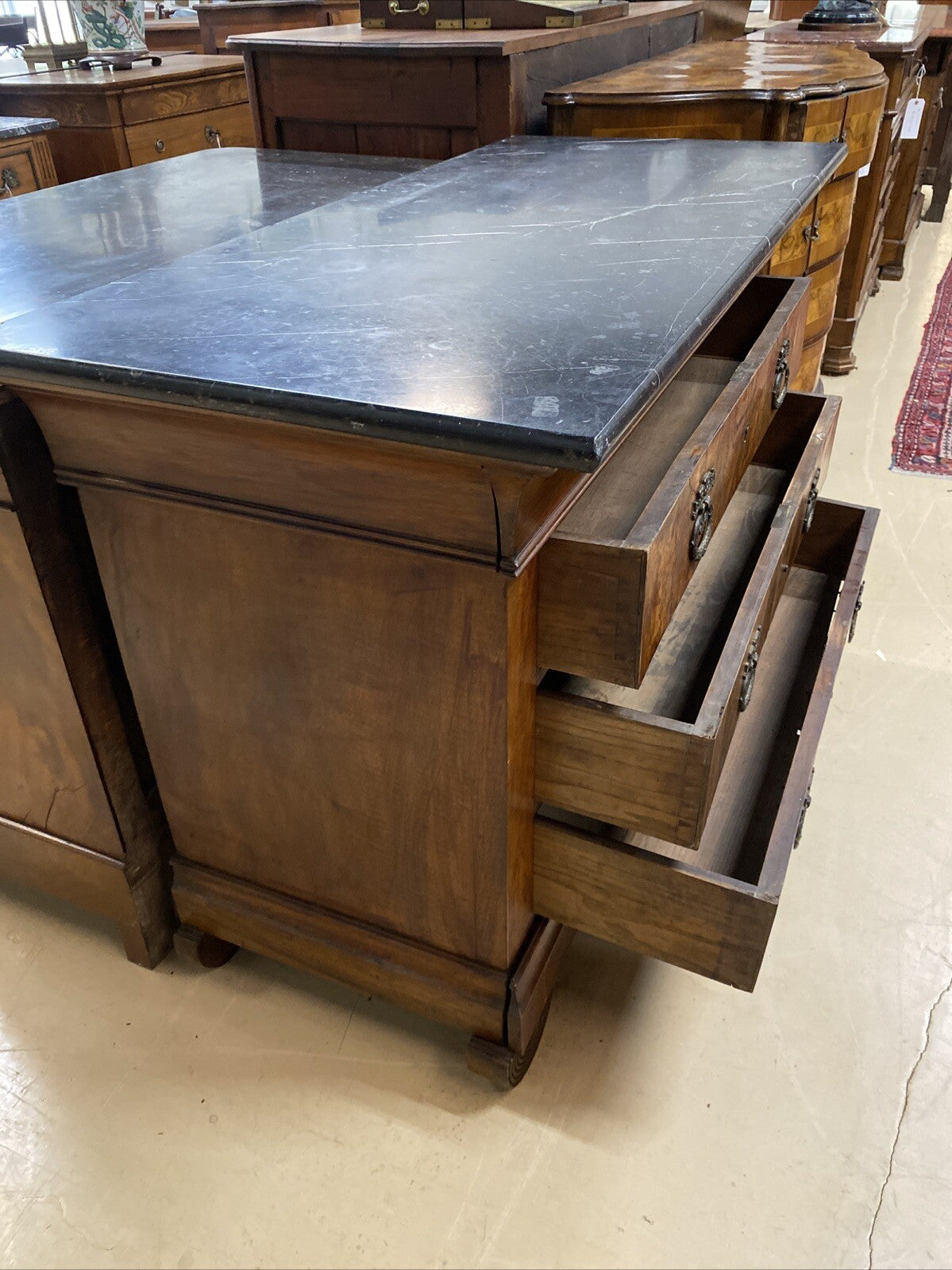 ANTIQUE FRENCH LOUIS PHILIPPE PERIOD MARBLE-TOP BURLED WALNUT COMMODE CHEST