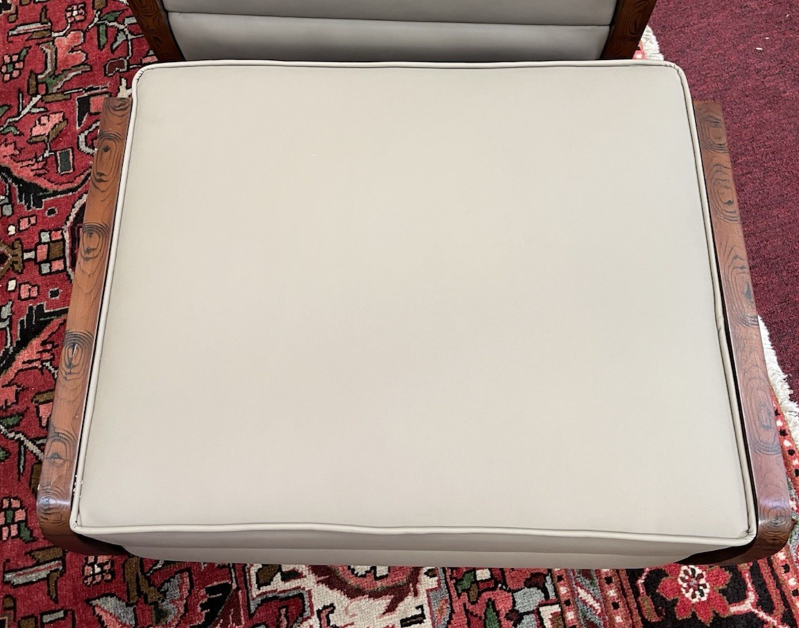 PAIR OF ART DECO STYLE UPHOLSTERED ARMCHAIRS & OTTOMANS