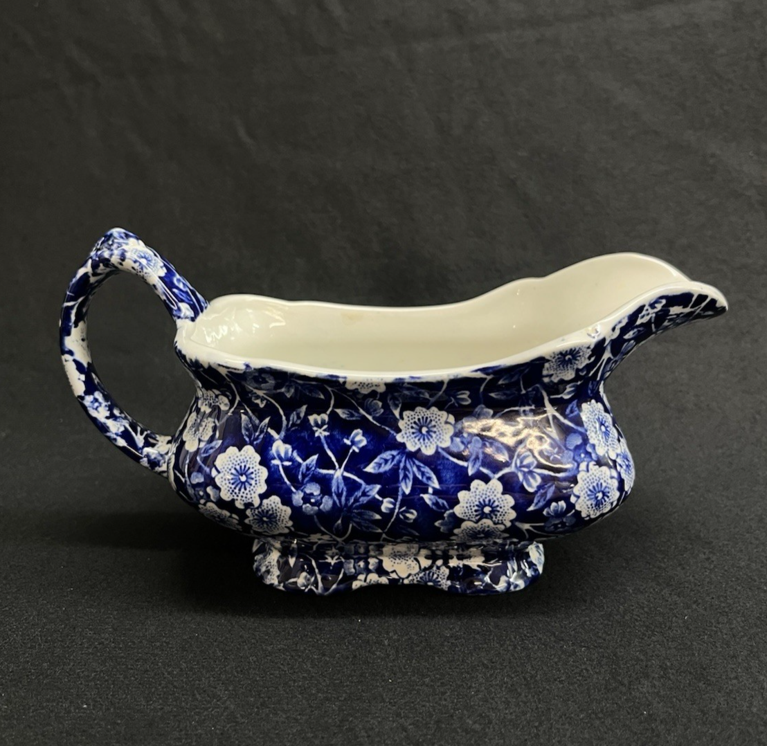 Blue Calico Crownford Staffordshire China Gravy Boat 7"