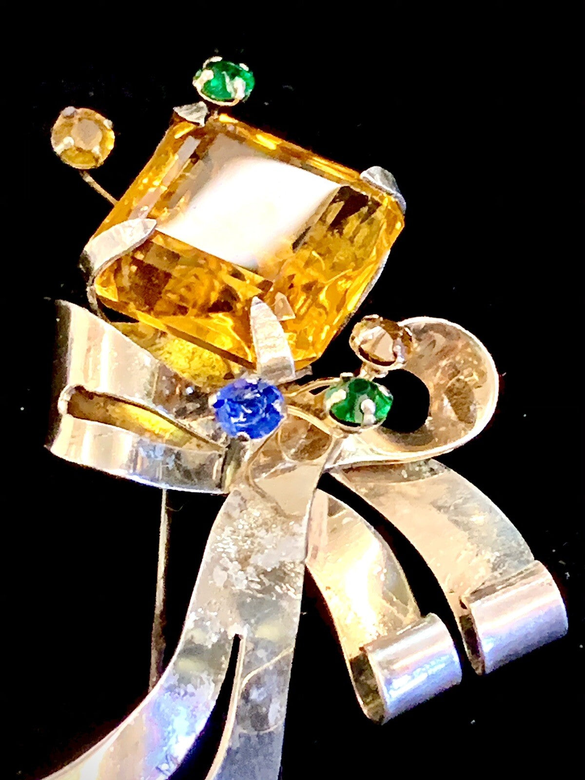 Large 1940's Floral Sterling Pin Brooch w. Large Glass Topaz Stone and more