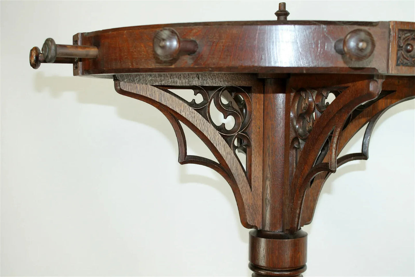 Antique French Gothic Revival Carved Oak Round Pedestal Rotating Coat Tree Rack