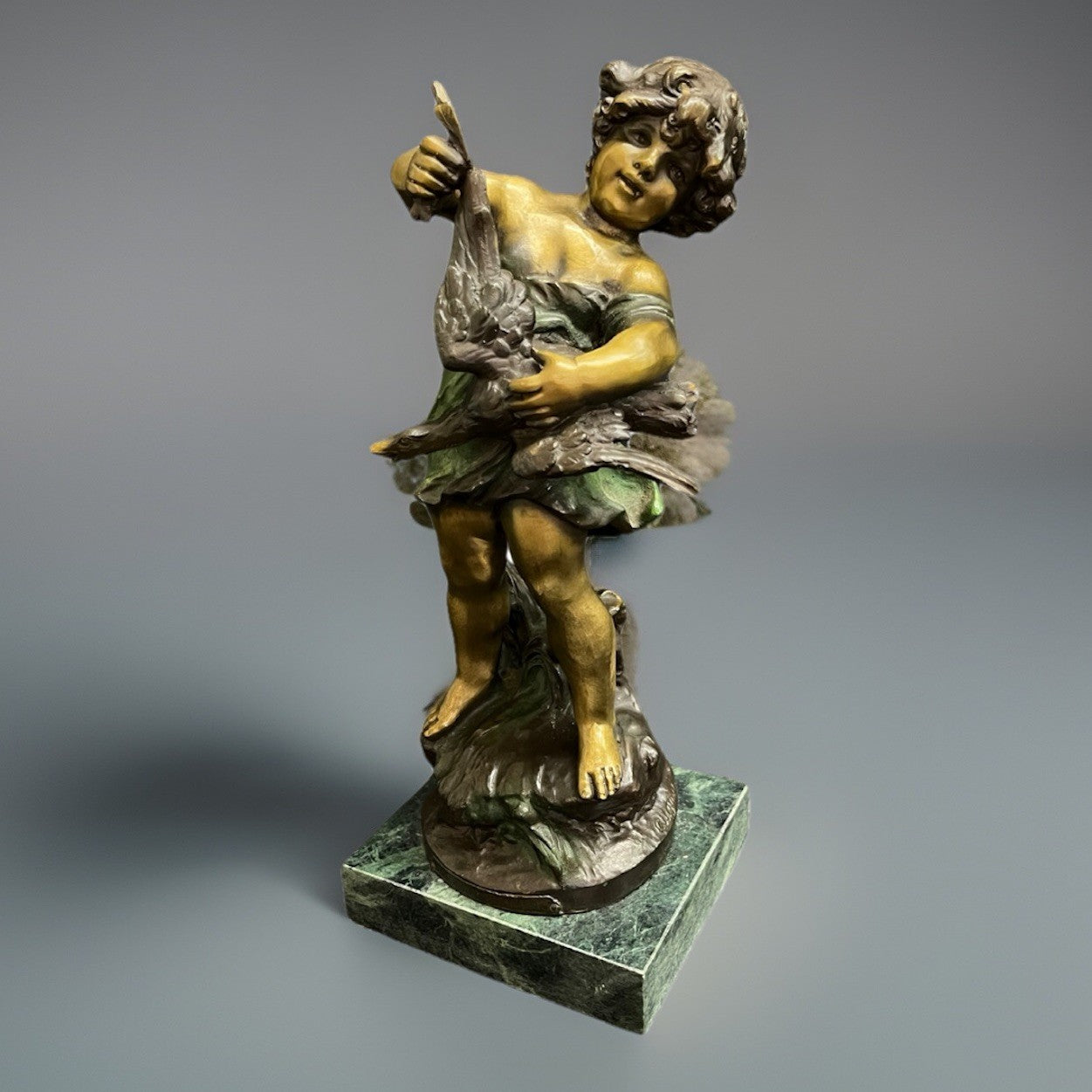 Vintage Auguste Moreau Bronze Sculpture on Marble Base Child w/ Goose Copr. 1906