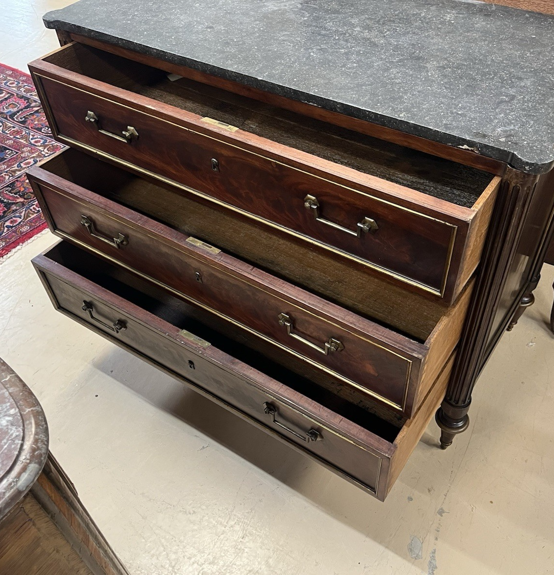 ANTIQUE FRENCH LOUIS XVI MARBLE-TOP FLAME BURL MAHOGANY COMMODE CHEST OF DRAWERS