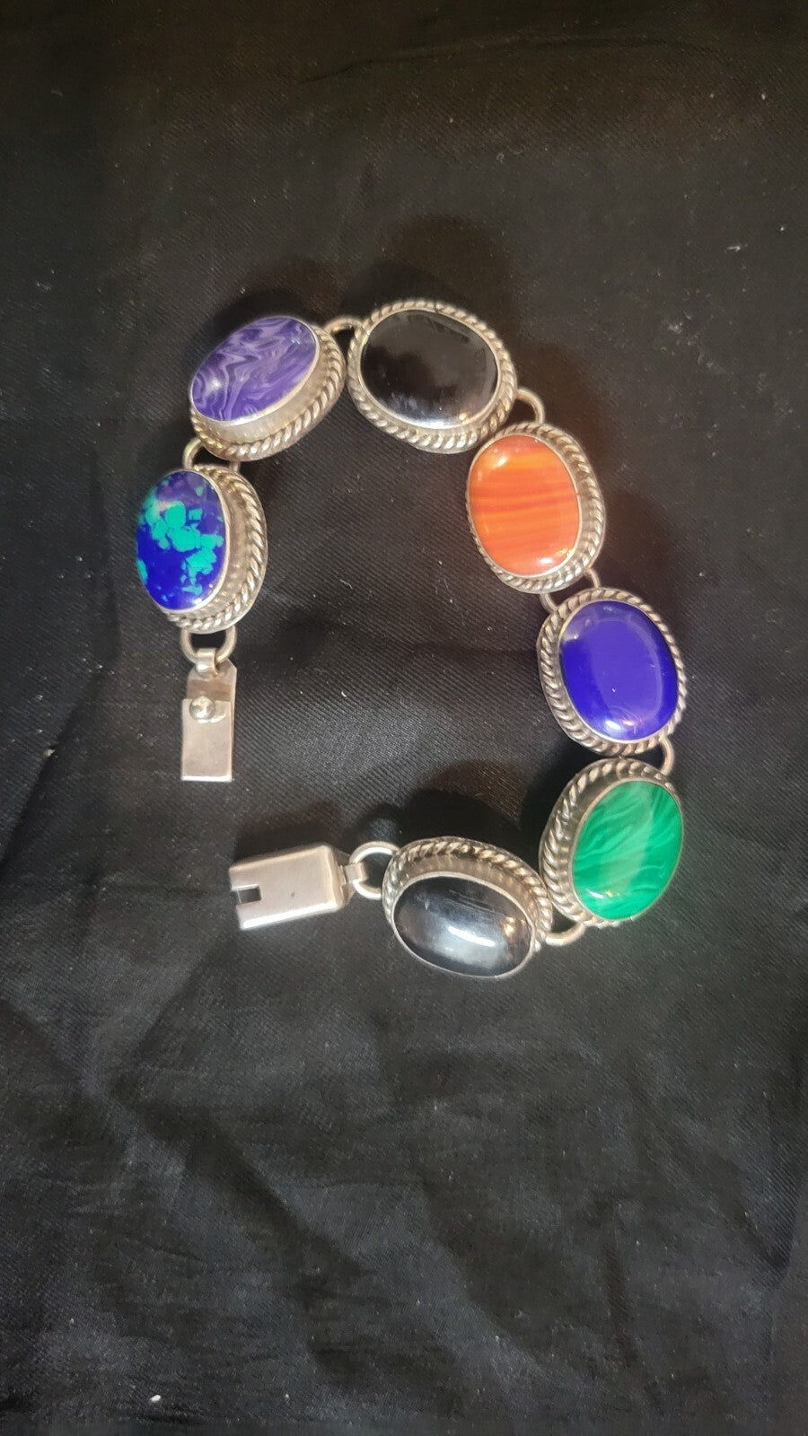 Mexican Sterling 7 Oval Links Gemstone Bracelet 7.5"  turqouise, coral 44.8g