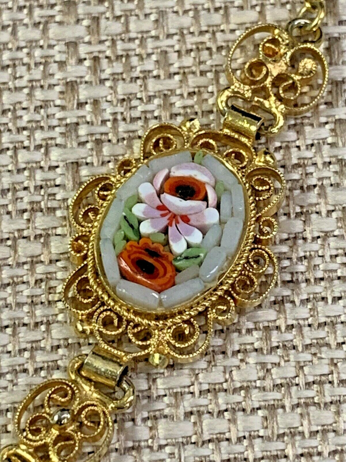 Antique Italian Grand Tour 3 pc Micromosaic & Filigree Pendant Necklace 18"