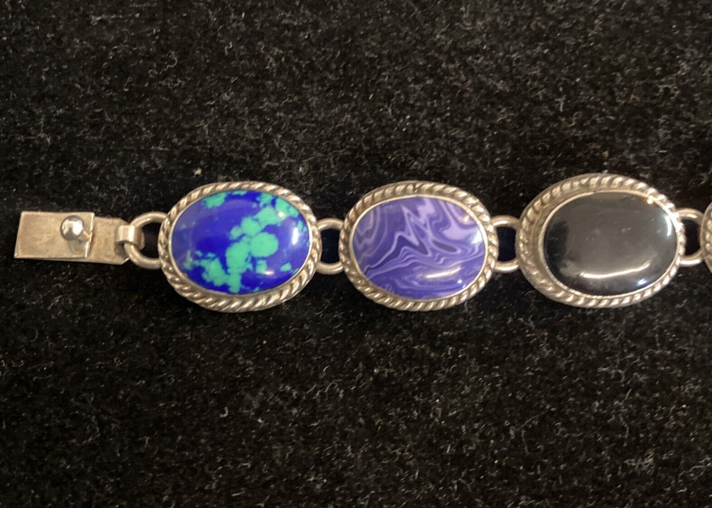 Mexican Sterling 7 Oval Links Gemstone Bracelet 7.5"  turqouise, coral 44.8g