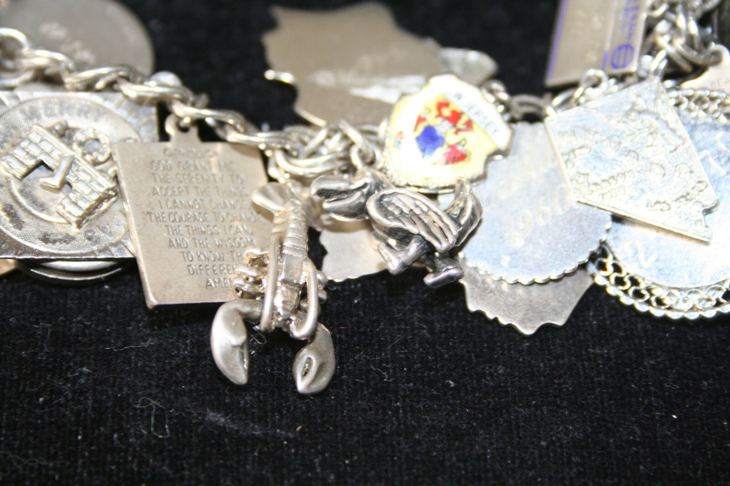VTG Sterling Silver Charm Bracelet  7-1/4" (125 g) 1960's Safety Chain 43 Charms