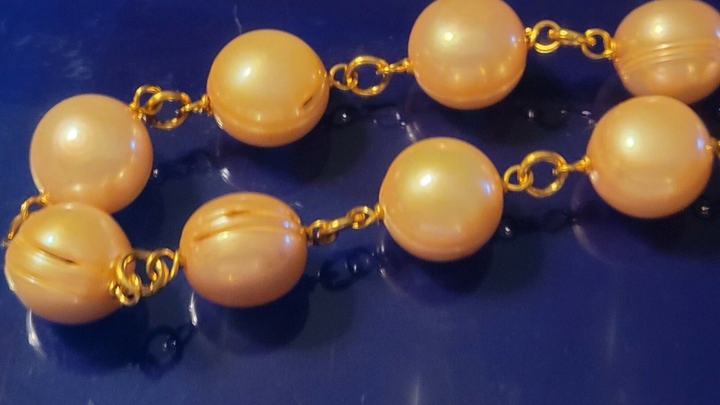 HONORA Bronze ITALY Baroque Pink Pearl 36" NECKLACE w/Byzantine Chain