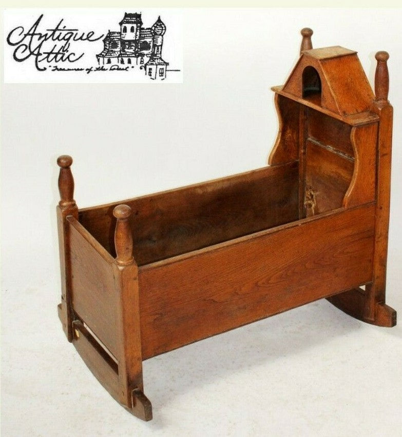 Antique American Oak Child’s Covered Rocking Cradle Bassinet