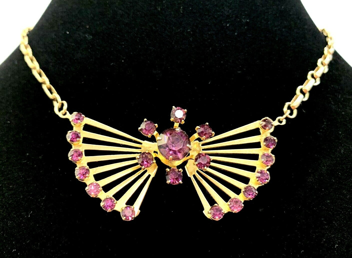 Impressive 1940'S RETRO  GOLD plated Amethyst RHINESTONE  NECKLACE Art Deco 18"