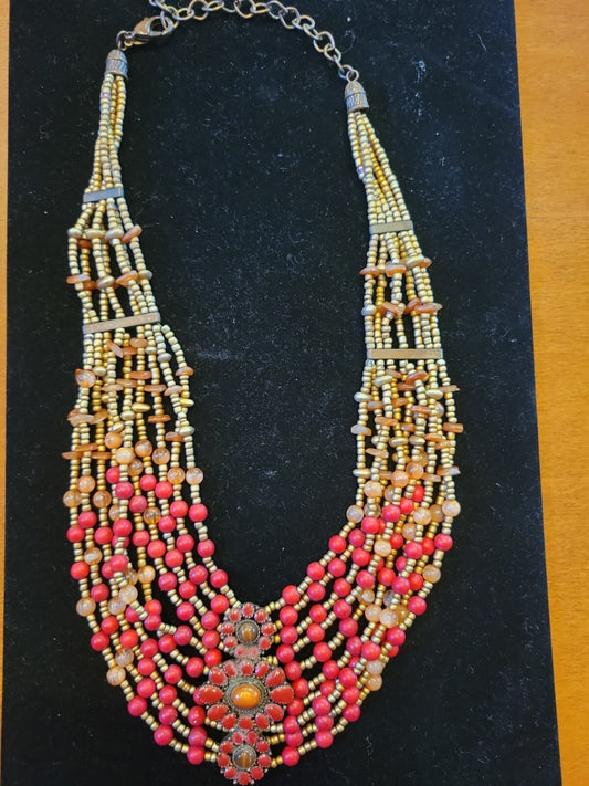 Vintage Chicos Boho 10 Strand Coral & Amber Bib  Necklace 22"