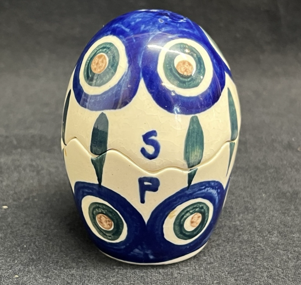 Boleslawiec Polish Pottery Stackable Salt & Pepper Shakers, Peacock Pattern 3 in