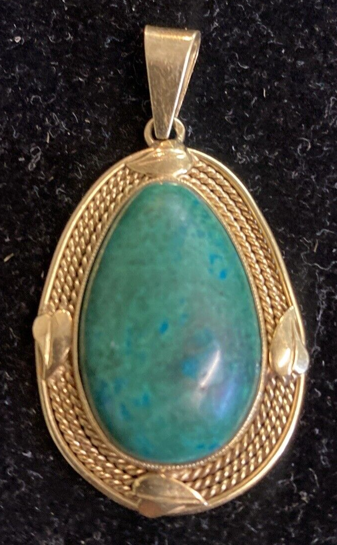 14k Gold VTG Israel Eilat Stone Cabochon Pendant Fine Jewelry 7.5g total