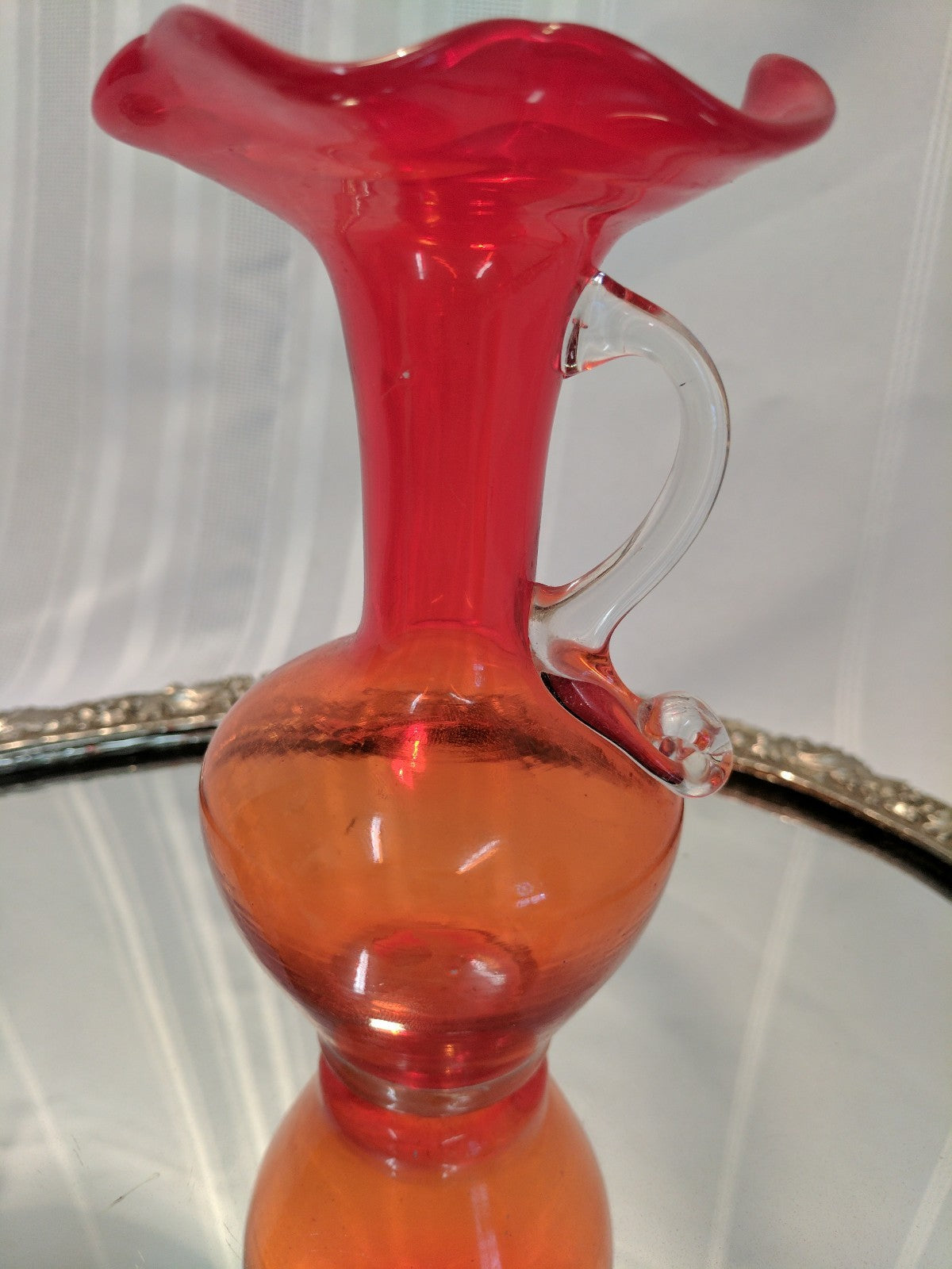 Vintage Hand Blown Art Glass Tangerine/ Amberina Pitcher w Handle Ruffled Top