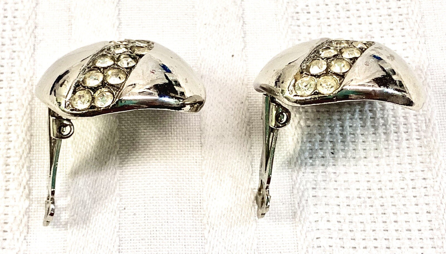 P&M Paris Vintage Silver & Rhinestone Clip  Earrings