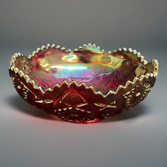 Imperial Glass OH Daisy & Button Rainbow Sunset Carnival Red Round Bowl 8"