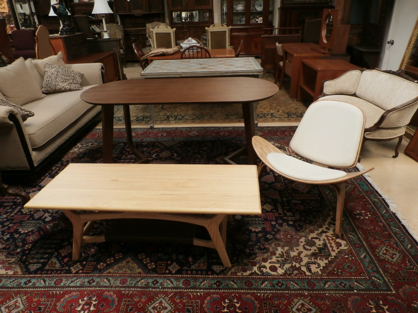 Mid Century Modern Style Solid  Ash Coffee Table with Rattan Shelf Midcentury