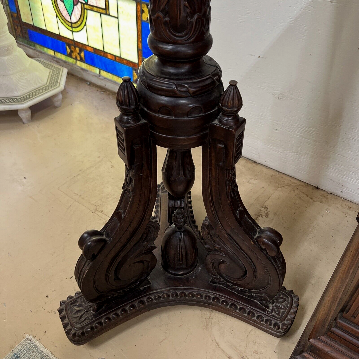 Pair of Classical Carved Mahogany Pedestal Plant Stands H 5 ft Scroll Base
