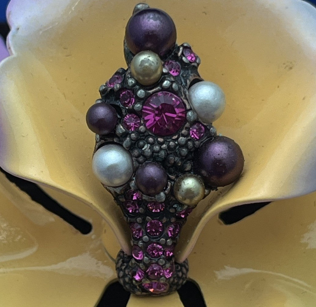 JOAN RIVERS Orchid Brooch Enamel Purple & Peach Flower Lady bug Pin Rhinestones