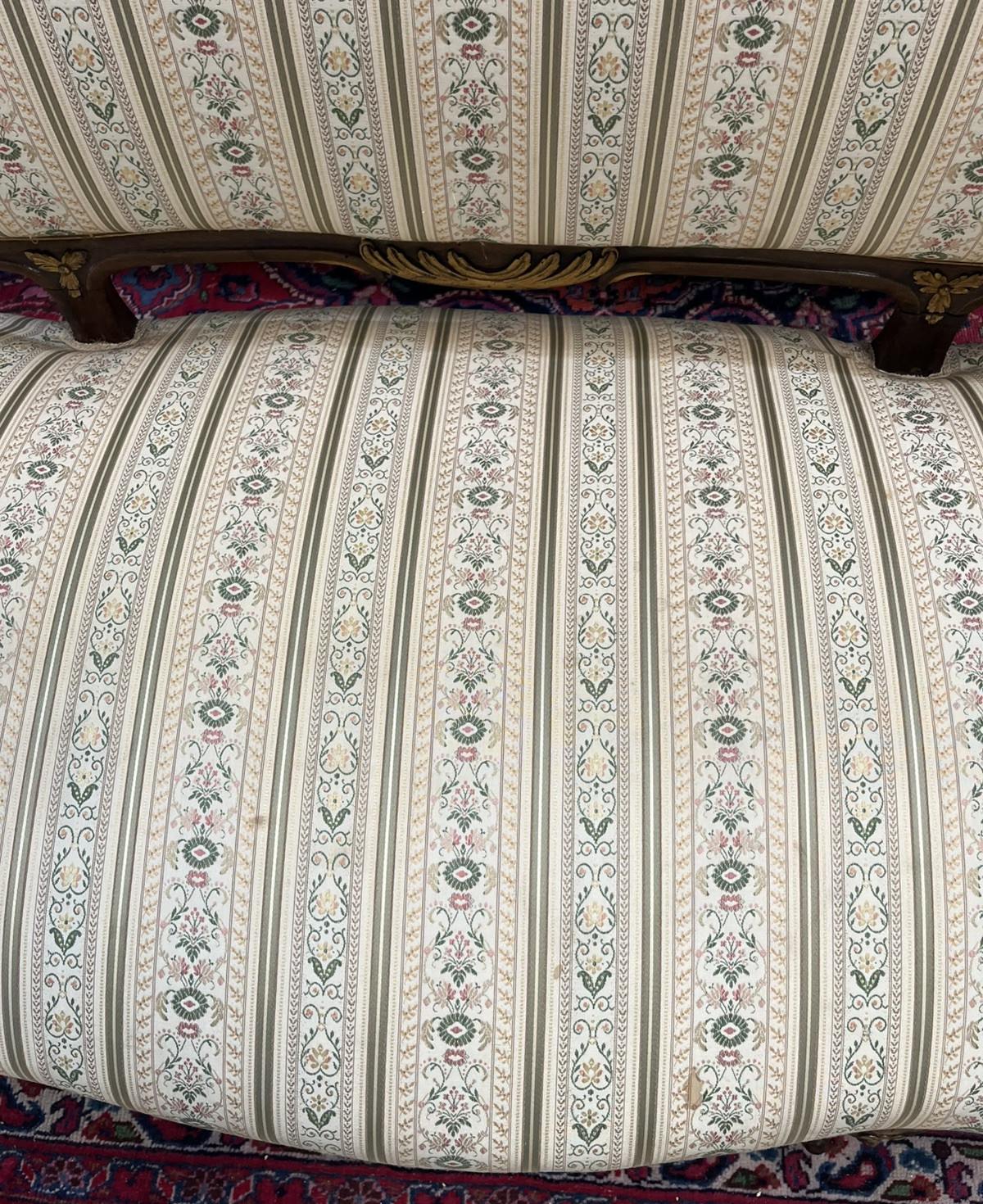 ANTIQUE FRENCH LOUIS XV CARVED & PARCEL-GILT UPHOLSTERED SALON SOFA COUCH SETTEE