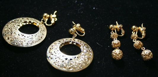 Two Pair  Vintage Trifari Gold Plated Clip Earrings Filigree Hoop & Dangles