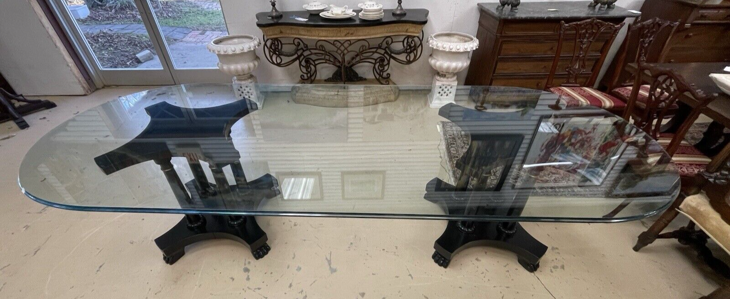 120" Glass Top Baker Furniture Co Black Lacquered Double Pedestal Table Paw FS3