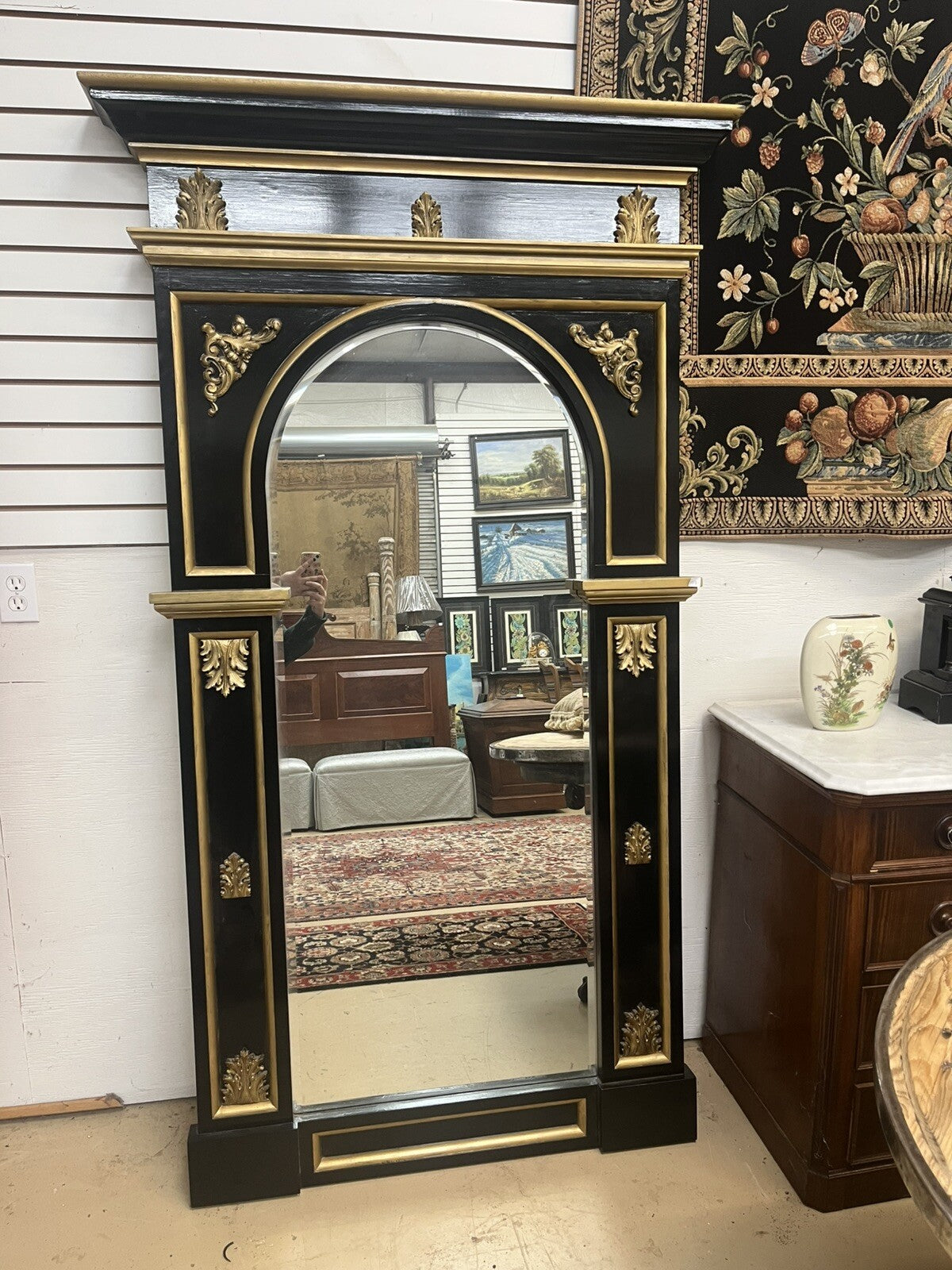 Tall Black & Gold Napoleon III Style Pier Mirror 79.5” Tall FS9