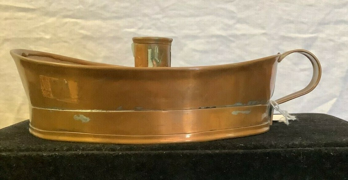 Antique Copper CANDLE HOLDER w Finger Loop Chamber stick 1800's