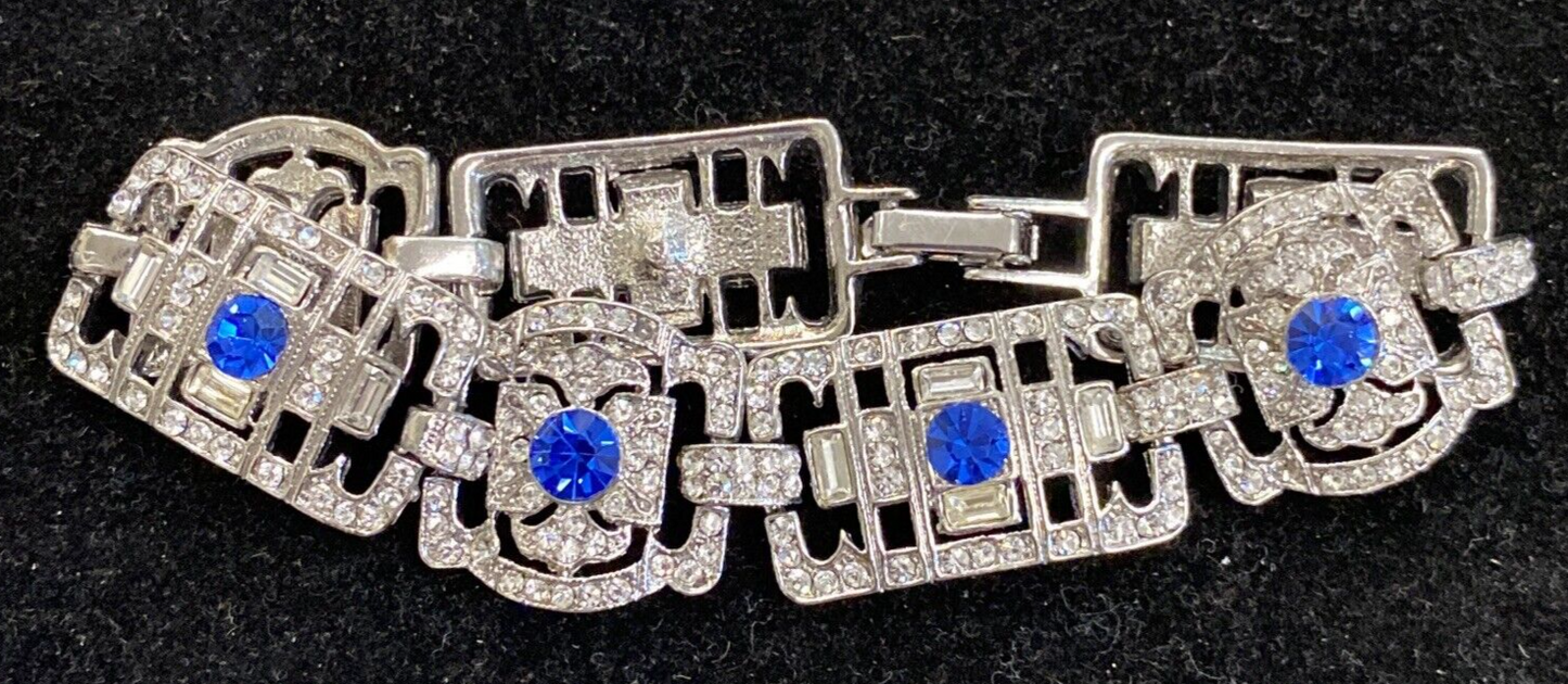 Vintage Rhinestone Link Bracelet 7 1/2" w Blue Stones