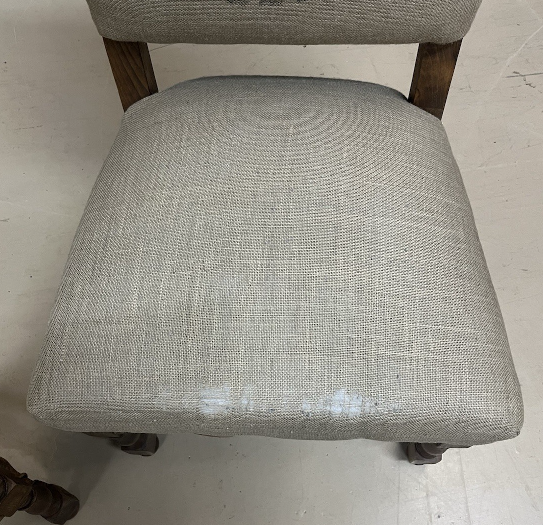 PAIR OF RESTORATION HARDWARE '1890 ENGLISH BAROQUE' BURLAP HIGHBACK CHAIRS