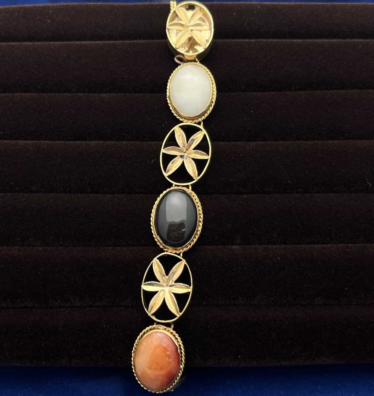 14K Yellow Gold Floral Six Multi Color Oval Cabochon Jade Bracelet 8 in