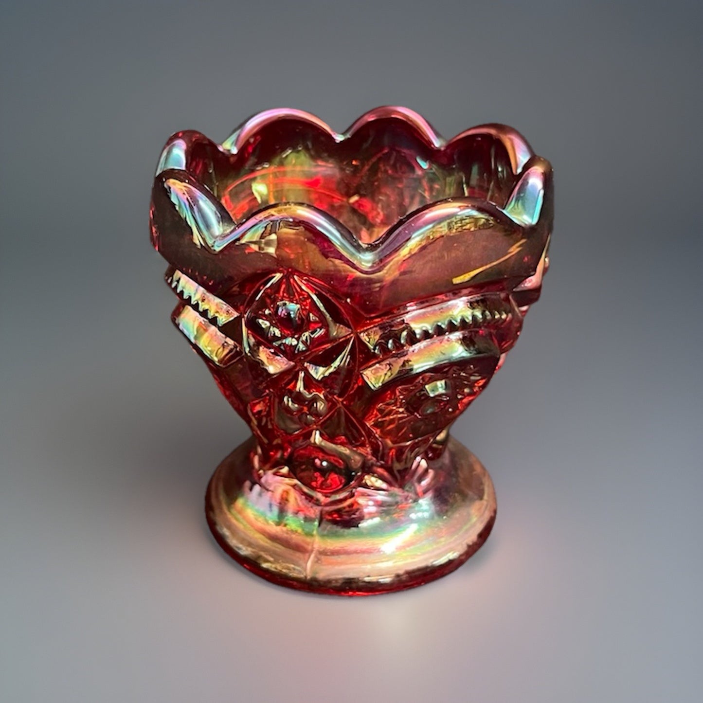 Vintage Imperial Glass Sunset Ruby Carnival Glass Egg Cup/Toothpick Cup 2 5/8"