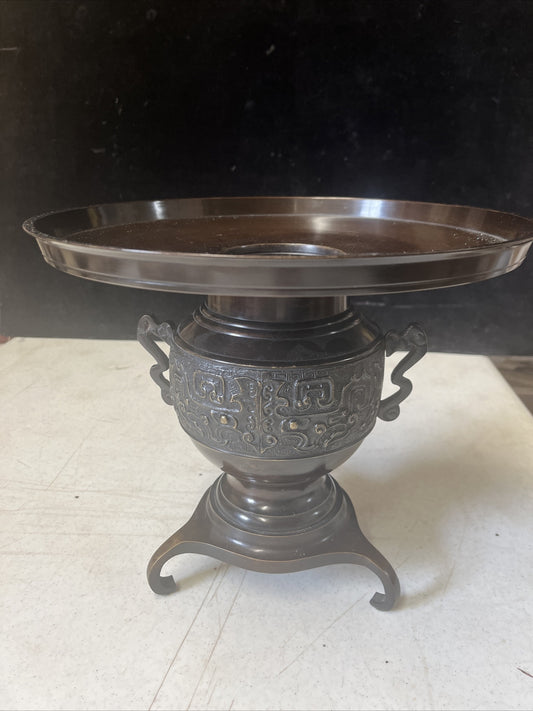 Japanese Bronze Lidded Ikebana Usubata Thin Flower Vase Incense Burner