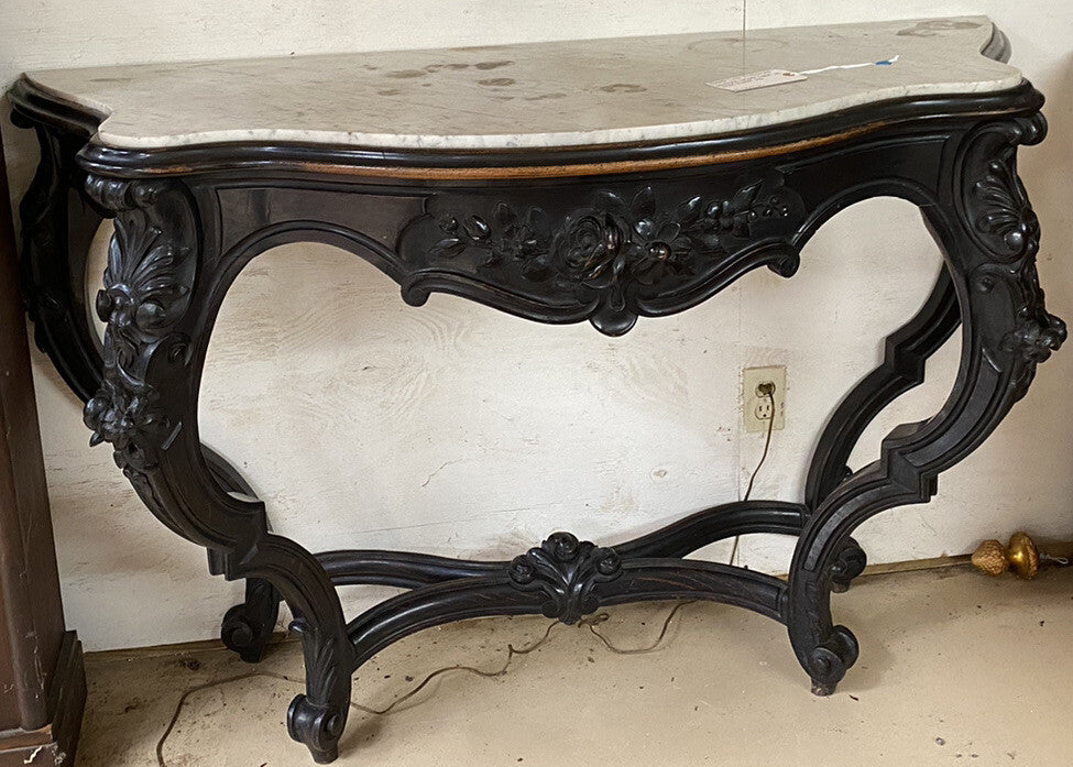 Antique French Louis XV Ebonized Bowfront Console Table w/ White Marble Top