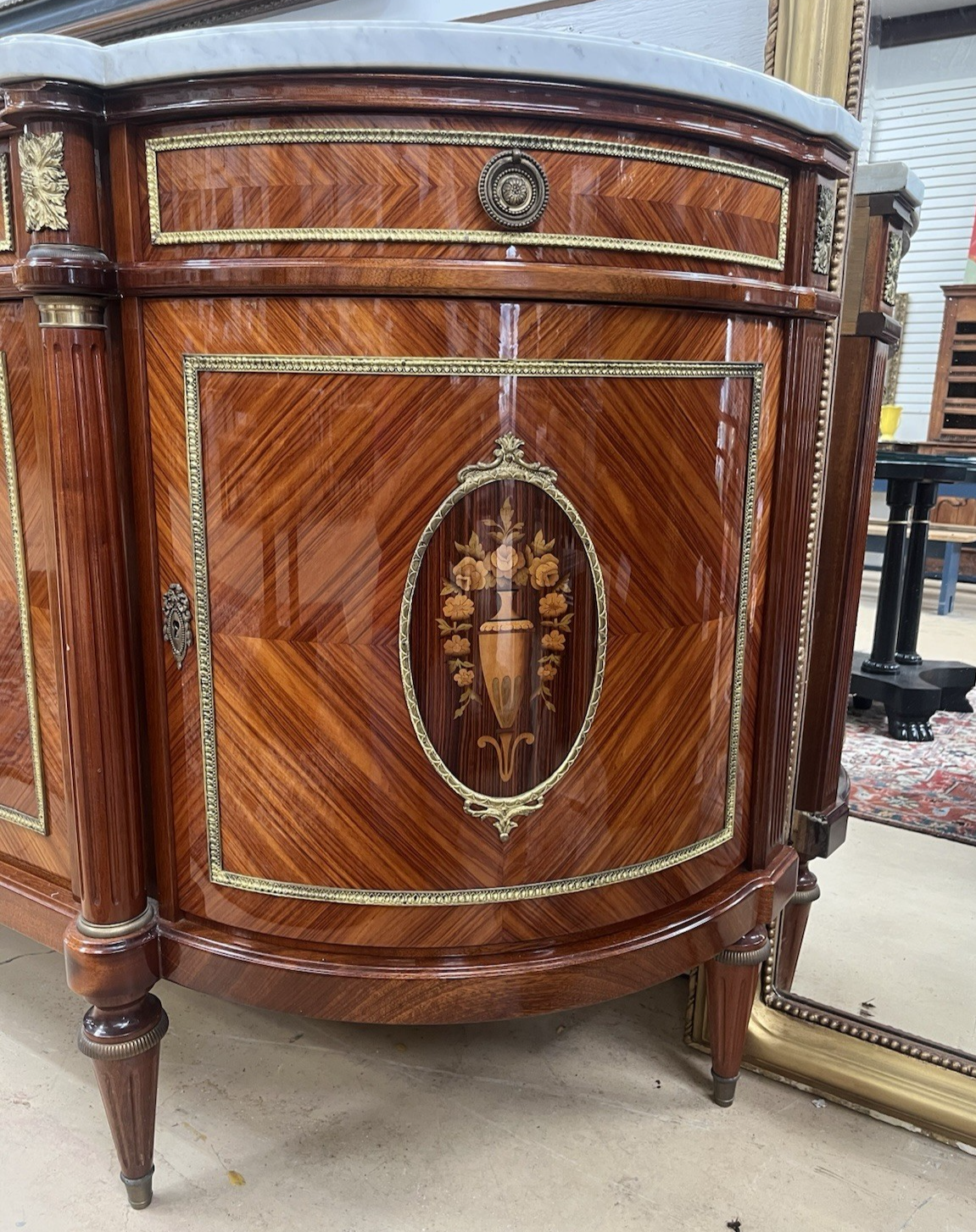 FRENCH LOUIS XVI MARBLE-TOP LACQUERED MARQUETRY DEMILUNE ENFILADE SIDEBOARD 105"