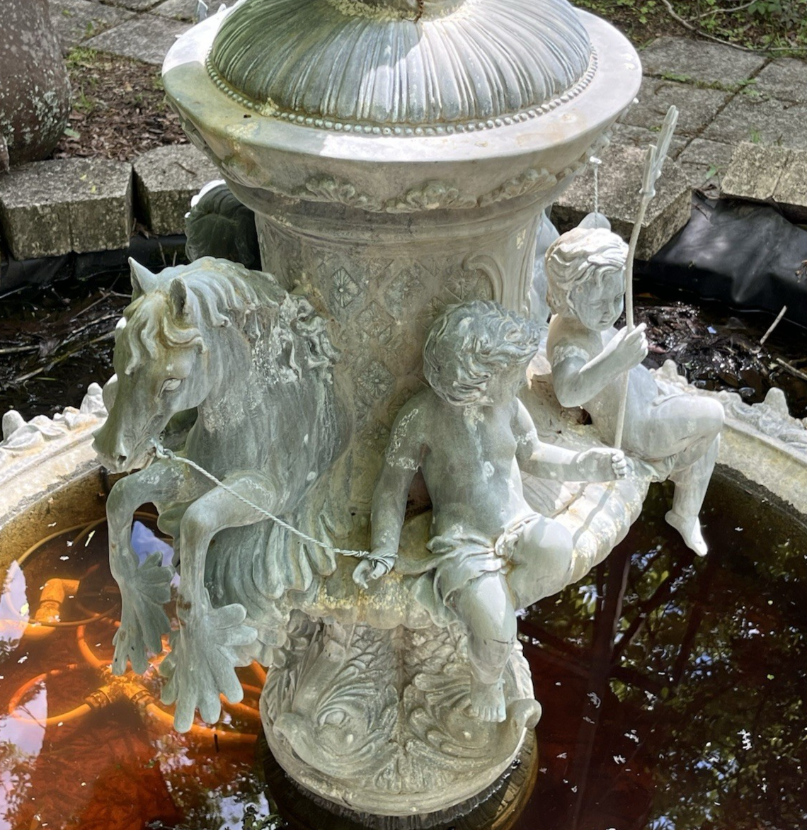 Antique Bronze Ornate Cupids and Horses Water Fountain 57" x 32" NO BASIN PB21