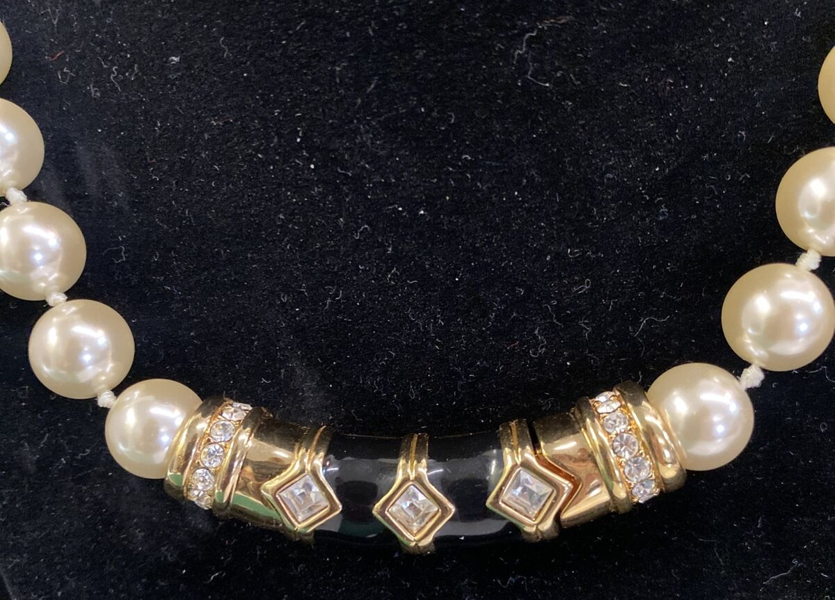 80’s SWAROVSKI Necklace Choker  Pearls Gold Black Enamel Crystals 17" Statement