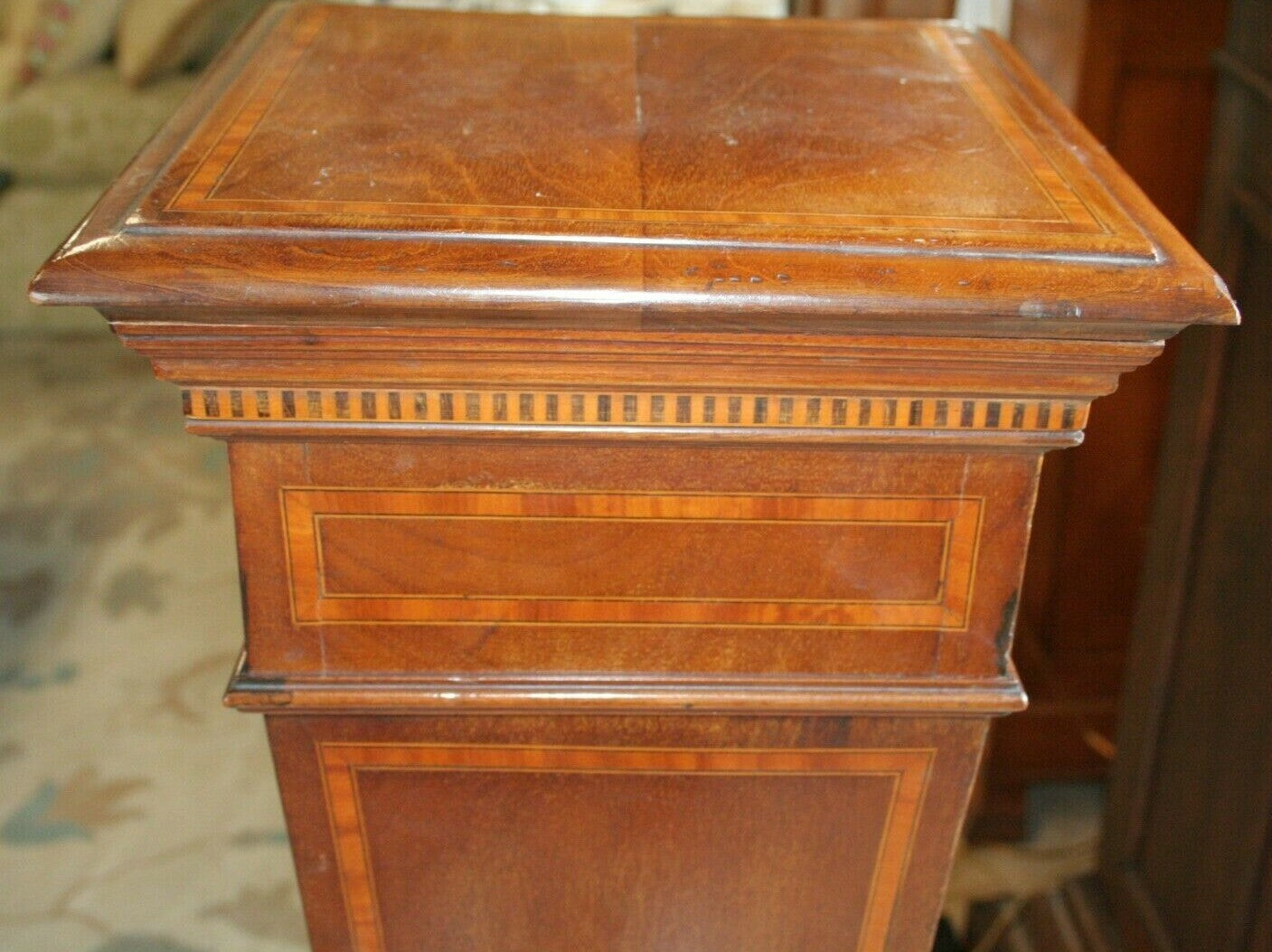 Antique Walnut French Pedestal Display Inlaid H 47" x 13.5" Square Top