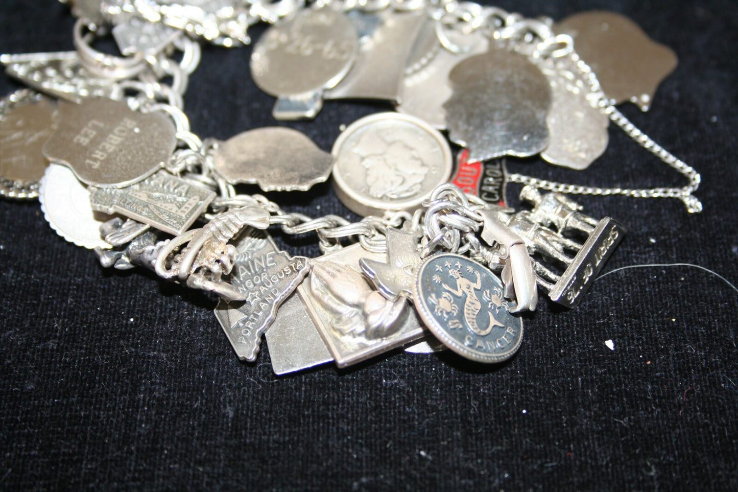 VTG Sterling Silver Charm Bracelet  7-1/4" (125 g) 1960's Safety Chain 43 Charms