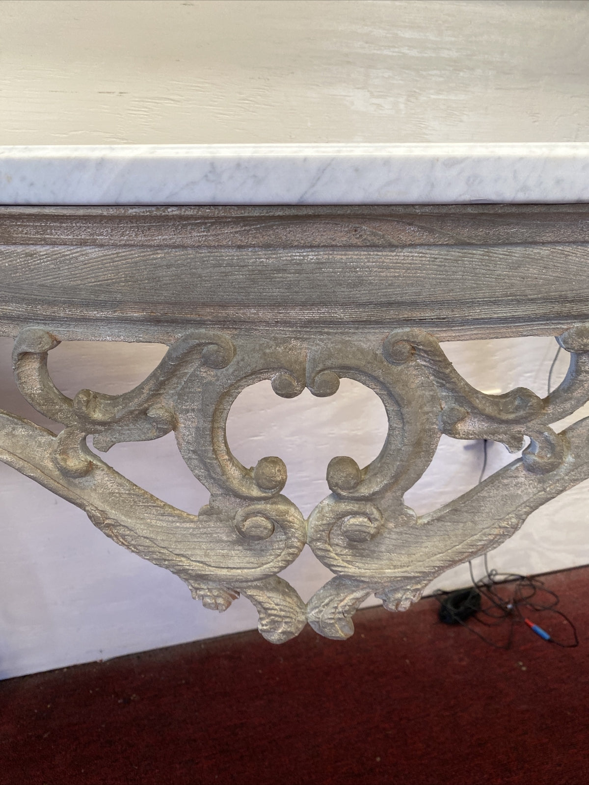 Antique Italian Pierced & White Washed Console Table w/ Marble Top