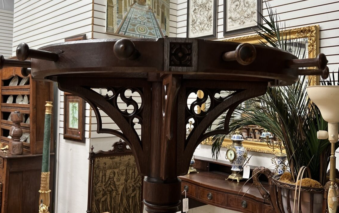 Antique French Gothic Revival Carved Oak Round Pedestal Rotating Coat Tree Rack