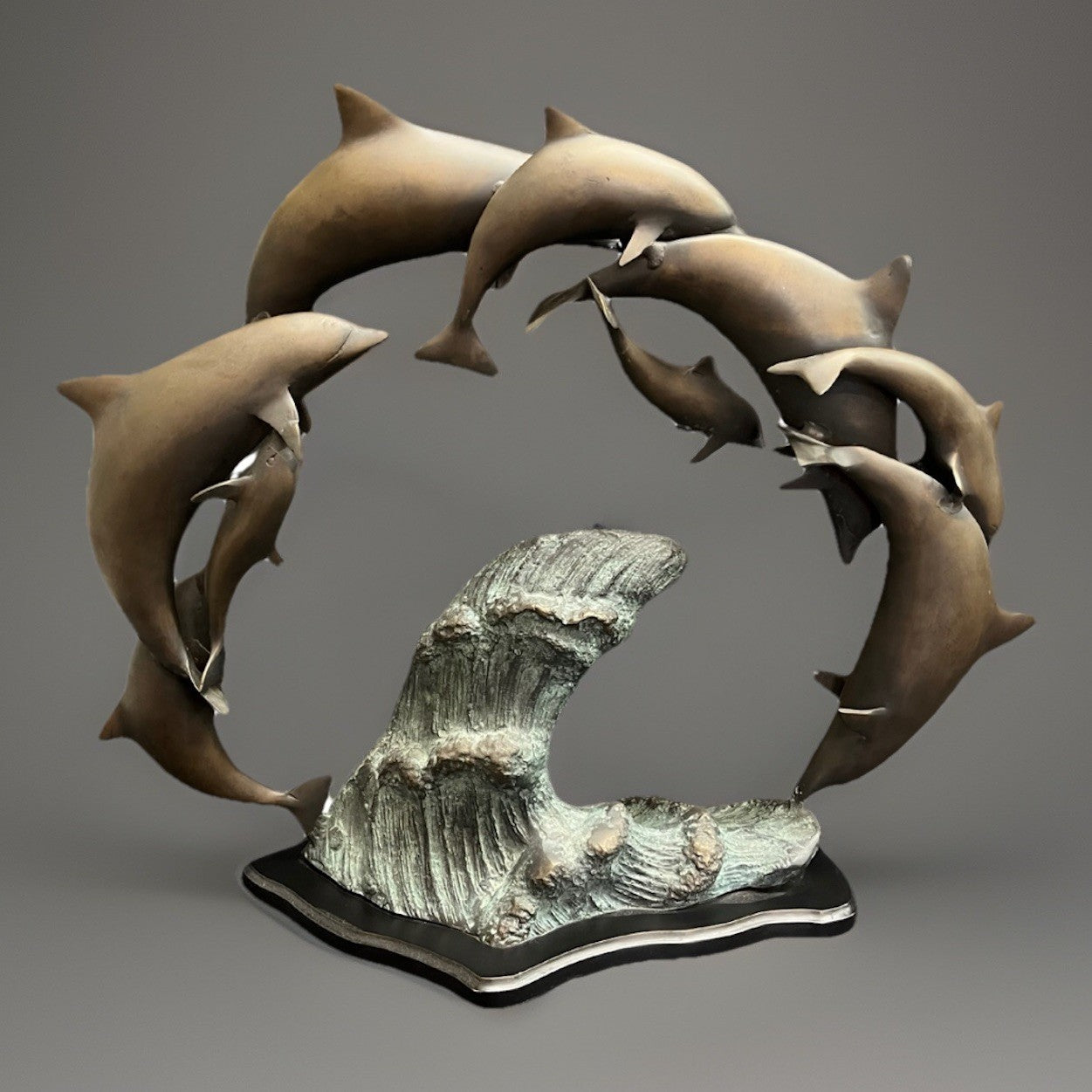 PB6 Bronze School of Dolphins Ocean Scene Statue w/ Wood Base 19"x 23"