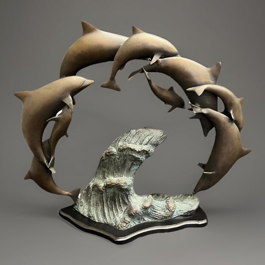 PB6 Bronze School of Dolphins Ocean Scene Statue w/ Wood Base 19"x 23"