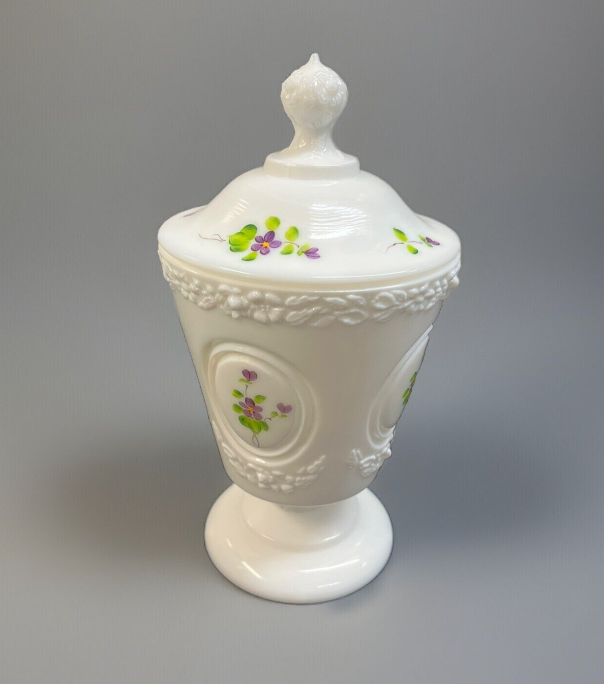 Fenton  Candy Dish "Violets in the Snow"  Milk Glass artist signed A Mullins